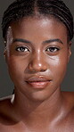 Cosmetics, skincare and face of woman in studio with hydration, glowing skin and collagen results. Dermatology, black girl and confidence on gray background for natural beauty, anti aging or wellness