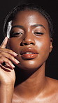 Face, woman and proud for beauty in studio of natural skincare, smooth texture and glow results. African person, lighting and facial cosmetics, treatment aesthetics and dermatology on dark background