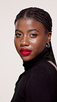 Black woman, face and makeup in studio for beauty, style confidence and aesthetic. Person, cosmetics and red lipstick on white background with eyelash extension, hair braids and designer fashion