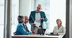 Documents, management and training with business people in office for financial feedback or review. Explain, planning and strategy with finance manager speaking to team in boardroom for budget ideas