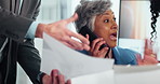 Documents, multitask and phone call with business woman in office for frustration or stress. Busy, chaos and enough with mature manager in workplace, overwhelmed by juggling job responsibilities