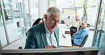 Business man, presentation and writing on whiteboard with team, compliance training or proposal. Mature presenter, manager and coaching with group for strategy, policy development and talk in office