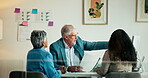 Computer, management and meeting with business people in office together for discussion or planning. Conversation, documents or explain with employees and manager in workplace for delegation process