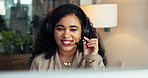 Happy, business woman and consultant with headset for online consultation or customer service. Female person, agent or virtual assistant with smile or mic for help or telecommunications in office