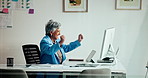 Business, success and woman with computer, cheering or email with profit increase, new deal or trading. Mature person, investor or employee in office, pc or celebrate with achievement or stock market