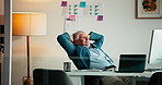 Laptop, relax and smile with business man at desk in office for break, complete task or satisfaction. Computer, done and hands behind head with happy mature employee in workplace to finish assignment