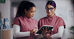 Hospital, nurse and women on tablet in meeting for planning, medical research and online advice. Healthcare, obstetrics and people on tech talking for patient diagnosis, feedback and consulting
