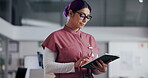 Typing, nurse and tablet with woman in hospital for healthcare, planning and physician review. Medical report, telehealth specialist and digital files with person in clinic for surgery schedule