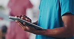 Hands, man and nurse in hospital, tablet and typing with internet, medical service and research. Closeup, person and professional in clinic, tech and network with online schedule and digital app