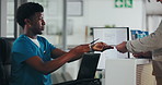 Man, nurse or receptionist with patient form for medical application, survey or check in for visit. Male person, secretary or health assistant with document at front desk for registration or schedule