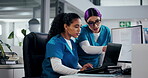 Medical staff, nurses or help with laptop in clinic for admin training, hospital system or research. Health intern, women and computer screen at reception for database access, assistance and advice