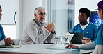 Meeting, doctors and planning with people in office for team, dna editing or genetic disease cure. Healthcare innovation, collaboration and gene splice technology with nurses in hospital for report