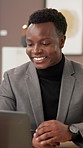 Laptop, video call and black man in art gallery with communication for sale negotiation. Online meeting, computer and African male curator with virtual contact for planning painting exhibition.