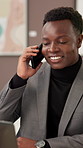 Phone call, communication and black man in art gallery with negotiation for sale of painting. Cellphone, contact and African male curator with mobile discussion for planning creative exhibition.