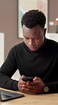 Man, phone and texting at gallery with notification for art deal, sale or booking for auction. African curator, person and app on smartphone, contact and social media marketing for culture exhibition
