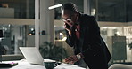 Business, phone call or black woman with laptop, night or budget review with financial agency. African person, evening or employee with pc, cellphone or online schedule for trading, feedback or email