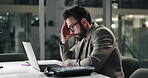 Business man, laptop or headache of stress in office for internal audit, accounting error or crisis. Night, auditor and overwhelmed with pressure for risk management, balance sheet review or deadline