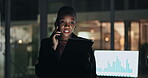 Business woman, night and phone call with tablet in office for KPI review, negotiation or feedback. Financial analyst, black person and talking to investor for budget forecasting and investment deal