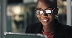 Tablet, happy and black woman in office at night with research for company budget plan. Digital technology, glasses and African financial consultant with online investment proposal with deadline.