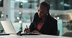 Laptop, writing or black woman with trading notebook for strategy or learning stock market in late shift. Diary, happy financial trader or journal in night for business, investment growth or finance