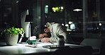 Night, businessman and sleeping by computer in office with fatigue, tax preparation or overworked. Tired, accountant and rest by desk with auditing burnout, working late and risk management deadline