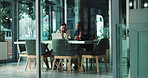 Laptop, discussion and business people in office with collaboration for finance budget planning. Teamwork, meeting and financial advisors with computer for preparing investment proposal in workplace.