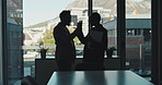 Smile, business people and high five in office for success, excellence or teamwork. Hands together, shadow and workers with cooperation for target, achievement and victory celebration with paperwork