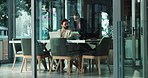 Help, teamwork and business people in glass office, conversation and financial agency. Employees, accounting and corporate professional with cooperation, discussion and feedback for budget report