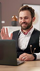 Happy man, art director and video call with laptop for discussion or event planning in gallery. Male person, auctioneer and wave with computer for conversation, sale exhibition or artwork in museum
