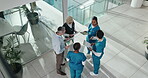 Medical, staff or doctors in meeting with documents for surgery funding, resource allocation or above. Hospital director, business people or surgeon team with notes for healthcare feedback or support