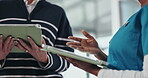 Colleagues, hands and meeting with tablet, hospital or medical team with tech for healthcare or web. Low angle, people and review of diagnosis on app, talk and discussion with research in clinic