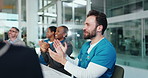 Happy people, medical team and meeting with applause for congratulations, well done or good job. Excited, group or healthcare workers clapping with smile for promotion, success or union in workplace