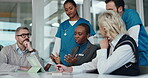 Healthcare, colleagues and group with tablet, clinic or research for investment, web or opportunity. Talking, administrator and people with tech for funding grant, planning and discussion in hospital