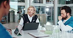 Hospital manager, meeting and discussion with laptop for report, medical results or clinic budget. Computer, nurse or group of people planning for healthcare cost, surgery schedule or task delegation