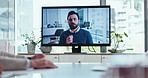 Screen, video call and meeting at office with man, business people or tablet for webinar at agency. Person, presentation and speaker on monitor at workshop, training or skill development at company