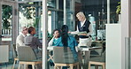 Healthcare, CEO and medical team with tablet for feedback, planning and meeting in glass office. Hospital, director and woman with tech for funding allocation, requirement proposal or discussion