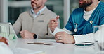 Medical team, hands and clipboard with discussion in clinic for surgery plan, funding and progress. Medicine, people and nurse with feedback for hospital budget, healthcare cost and treatment options