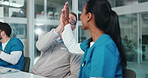 Medical team, clapping and high five in clinic for celebration, surgery success or achievement. Applause, healthcare and happy people with goal, promotion or praise nurse for results with support