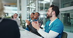 Medical team, applause and nurse in hospital for celebration, surgery success or results. Clapping, healthcare and happy people with goal achievement, promotion or praise with support for milestone