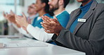 People, hands and medical team with applause in meeting for congratulations, well done or good job. Group, healthcare workers or clapping with union for promotion, success or thank you in workplace