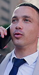 Man, phone call and happy on business trip in city with contact, networking and outdoor for talk. Person, smartphone and listen in urban town for communication, travel or commute with smile in Mexico
