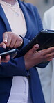 Tablet, phone and hands with team of business people for project idea, planning or real estate. Technology, group discussion and collaboration for solution, networking or property comparison outdoor