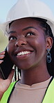 Civil engineer, phone call and woman with smile, construction site or plan for property development. Happy, contractor and black person with mobile for communication, architecture or building in city