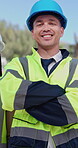 Architect, team and arms crossed at construction site, face and smile for urban infrastructure development. People, technician or engineer with portrait, group and project for property expansion