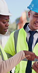 Woman, engineer and team with tablet at construction site with review, notes and progress report. People, architect and partner with app, inspection and feedback for property development project