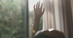 Hands, basking or person with sungazing in bedroom for vitamin D, playful interaction or imagination. Relax, woman or comfortable in sunlight in house for weekend break, peaceful morning or serotonin