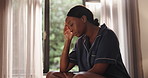 Sad, morning and black woman in bedroom thinking for insomnia, sleep issue and depression. Home, mental health and person with stress, anxiety and frustrated on bed for tired, fatigue and exhausted