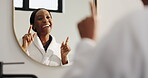 Singing, dance and mirror with black woman in bathroom for morning routine, energy and music. Self care, reflection and beauty maintenance with person in home for karaoke, performance and grooming