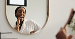 Singing, hair brush and reflection with black woman in bathroom for morning routine, mirror or music. Self care, dance and beauty maintenance with person in home for karaoke, performance and grooming