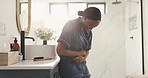 Black woman, stomach ache and bathroom with pain for gastro reflux or indigestion in home. Female person, cramp or sore tummy with diarrhea for constipation, bowel or bladder infection in house